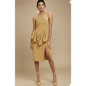 C/MEO Collective Mustard One-Shoulder Peplum Midi Dress